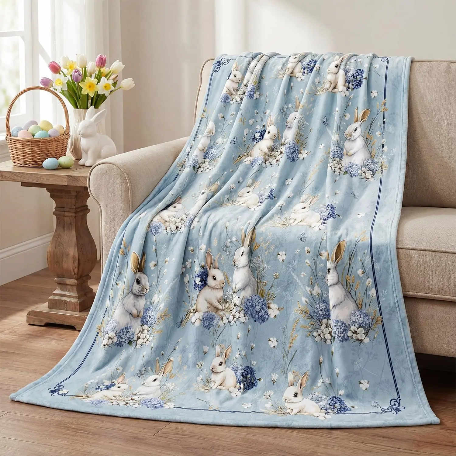 Easter Flannel Blanket Throw, Easter Eggs Bunny Rabbits Hydrangea Kapok Soft Fuzzy Plush Cozy Fleece Blankets for Couch Sofa Bed Lounging, Ideal Gifts for Kids Adults Self, 50x60
