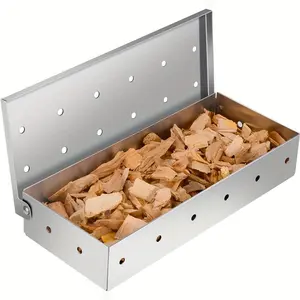 1pc Wood Chip Smoker Box, Stainless Steel Double BBQ Smoke Box with Hinged Lid for Charcoal & Propane Gas Grill