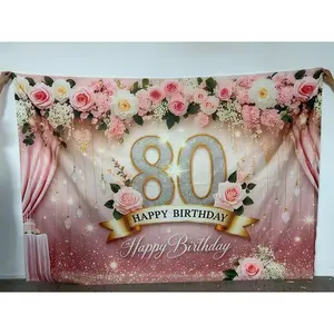 2D flat banner, 1pc80th Birthday Backdrop, Elegant Silver and Gold Floral Decoration with Pink Roses and Hydrangeas, Twinkling Star Lights and Crystal Ornaments for Celebratory Events, Ideal for Milestone Birthday Parties