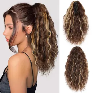 TwiceBeauty Hair Ponytail Extension 14 Inch Claw Clip Ponytail Short Curly Ponytail Soft Synthetic Hairpieces for Women Daily Use Chocolate Brown with blonde Highlights