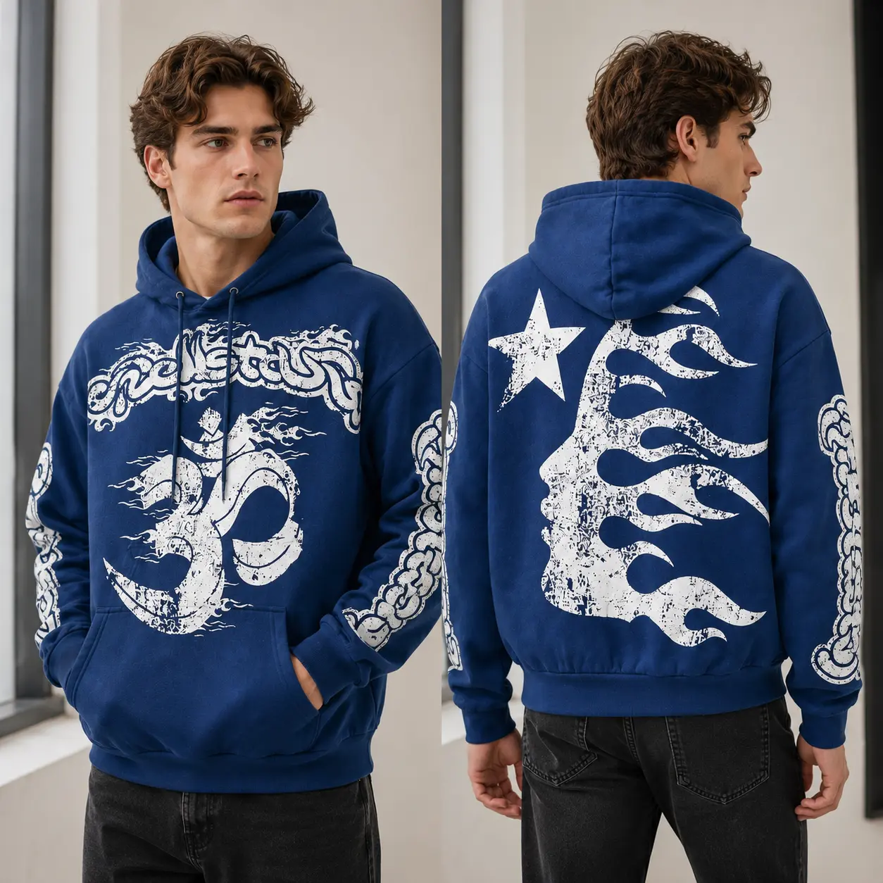 Hell Tar Men's Flame Star Graphic Pullover Hoodie Distressed Tribal Print Streetwear Drawstring Sweatshirt