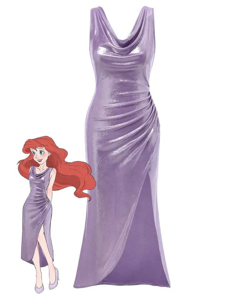RETRO STAGE Women's 1960s Lavender Pearlescent Minimalist Graduation Dresses Cowl Neck Sleeveless Mermaid Gown - Glamorous Formal Spandex Dresses with High Slit, Vintage Wedding Guest Attire, Glamorous Formal Dressessummer dresses vacation outfits
