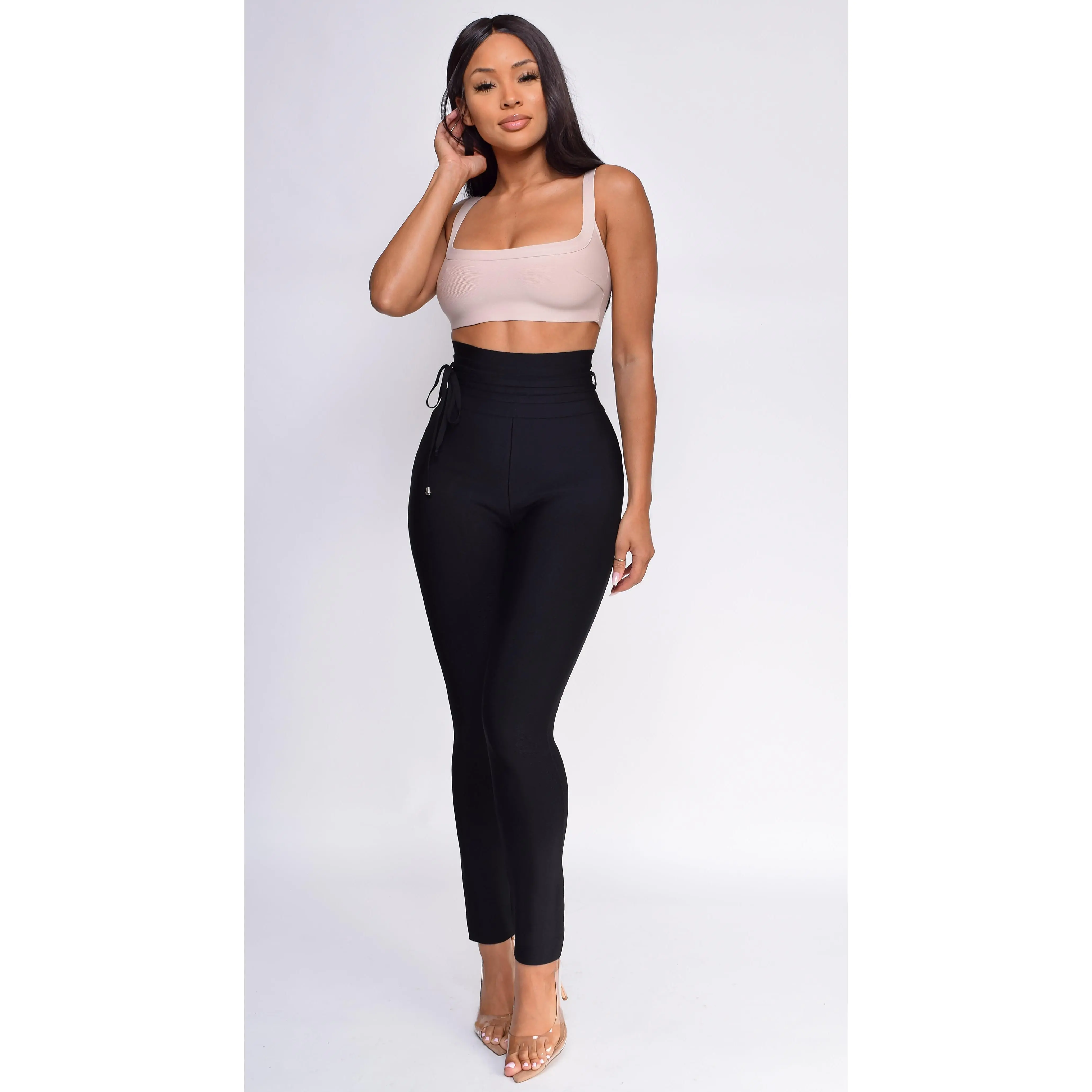 Hara Black High Waist Belted Bandage Pants