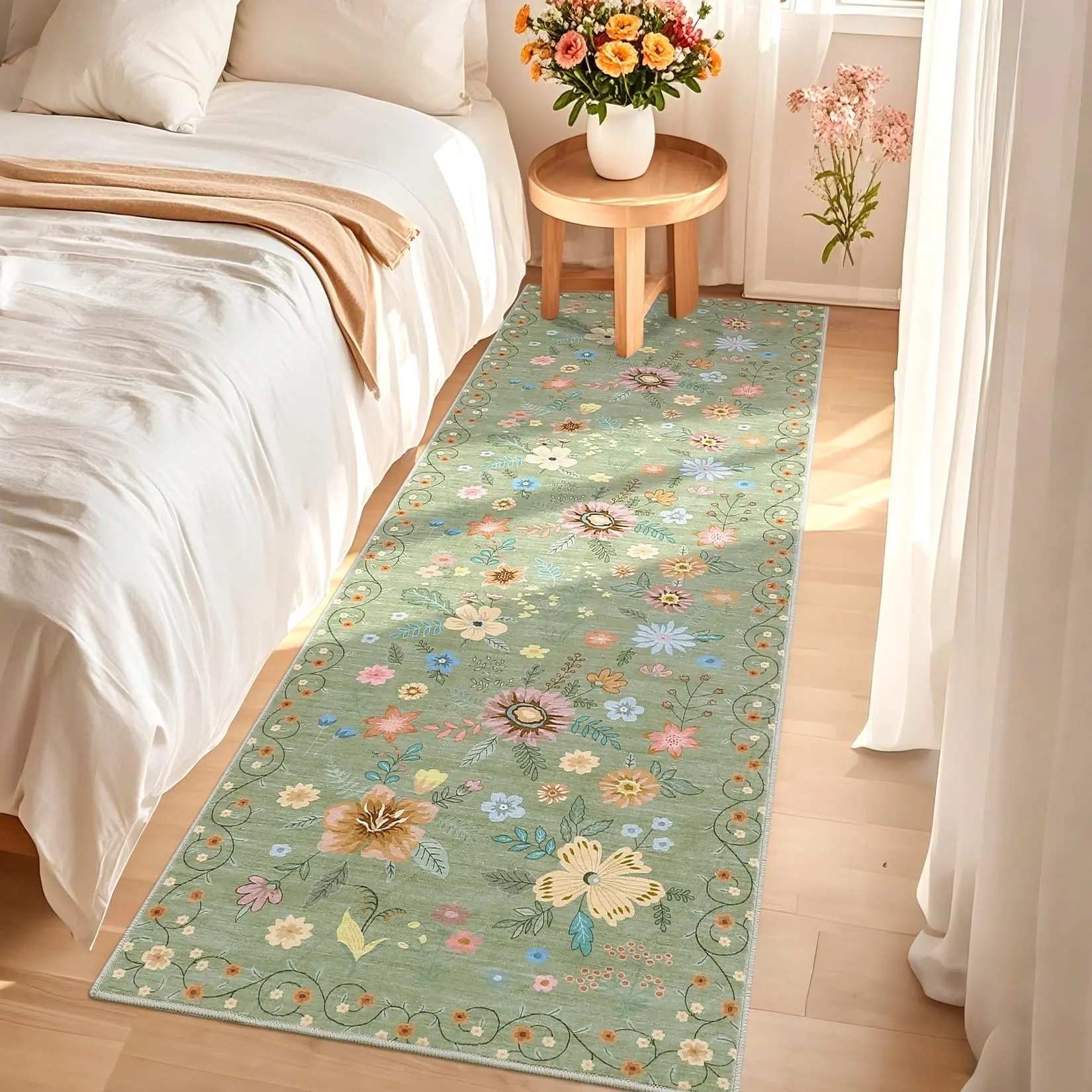 Garvee Washable Area Rug Boho Floral Rugs for Living Room Nursery Rug, Soft Lightweight Floor Carpet Non Slip Non Shedding Thin Flower Rugs