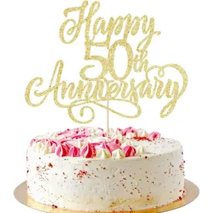 Golden glitter Happy 50th Anniversary Cake Toppers for Wedding Anniversary Company Anniversary 50th Birthday Party Decorations