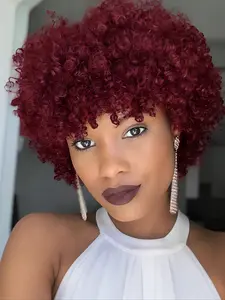 Short Afro Kinky Curly Wigs With Bangs Human Hair Pixie Cut Wig Natural Color 99J Full Machine Made for Women Halloween