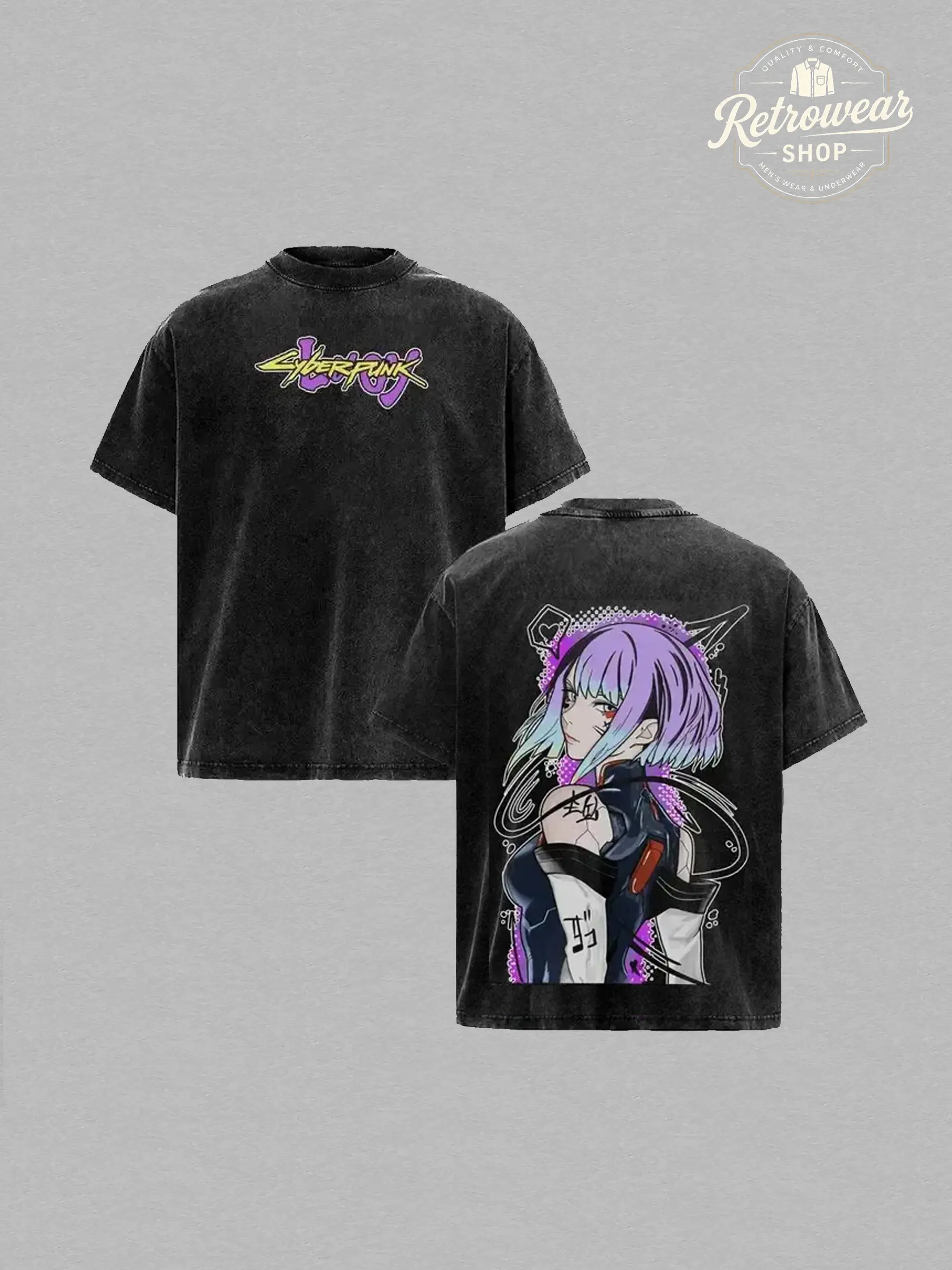 Men's Cyberpunk Lucy Graphic Oversized Tee, Vintage Washed Short Sleeve Crew Neck Tops in 230gsm Heavy Cotton - Free Expedited Shipping