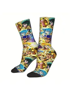 BIIHUDU Men's Anime Sock Printed Full-Body Manga Character Design - One-Piece Thigh & Calf Pattern, Comfortable Casual Wear &