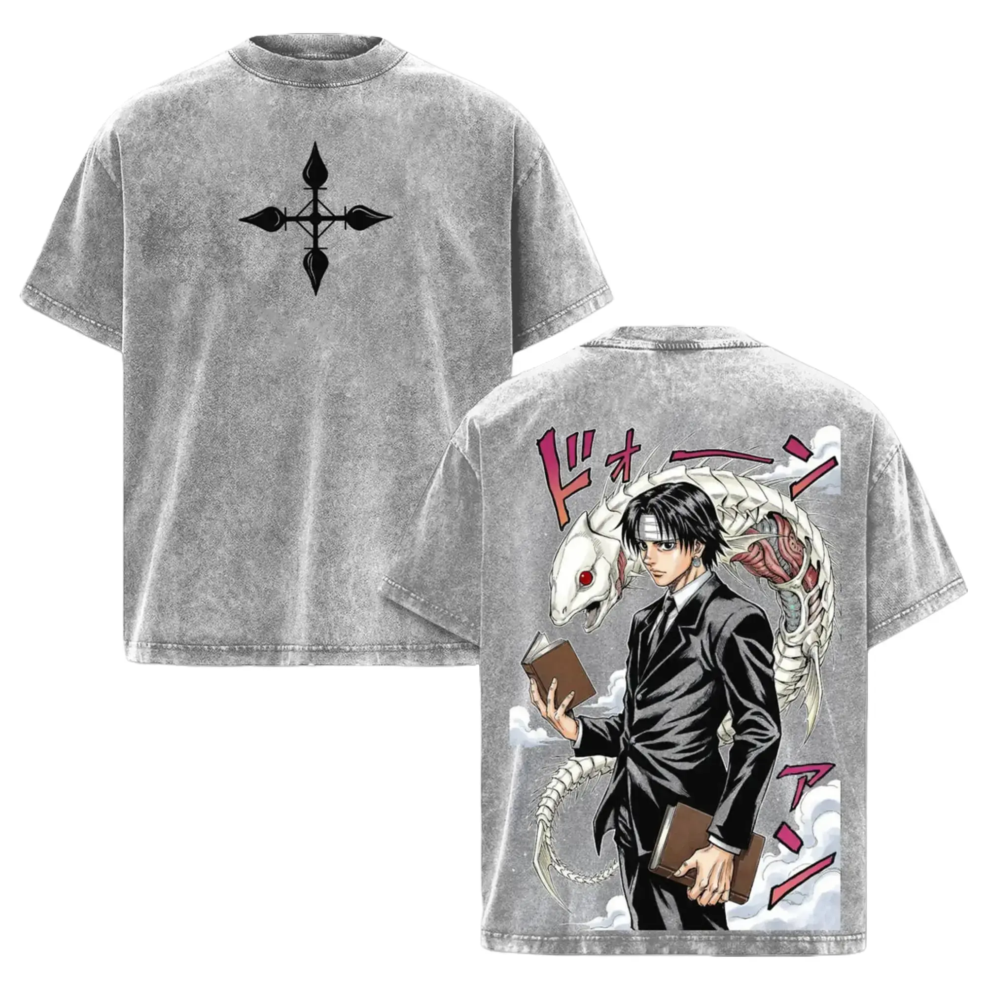 Chrollo Lucilfer Washed Tee – Hunter x Hunter Anime Manga T-Shirt, Skill Hunter Ability Bandit’s Secret Stolen Nen Powers Strategy Master Combat Genius Vintage Graphic, Anime Battle Streetwear Oversized Tee for Hardcore Fans