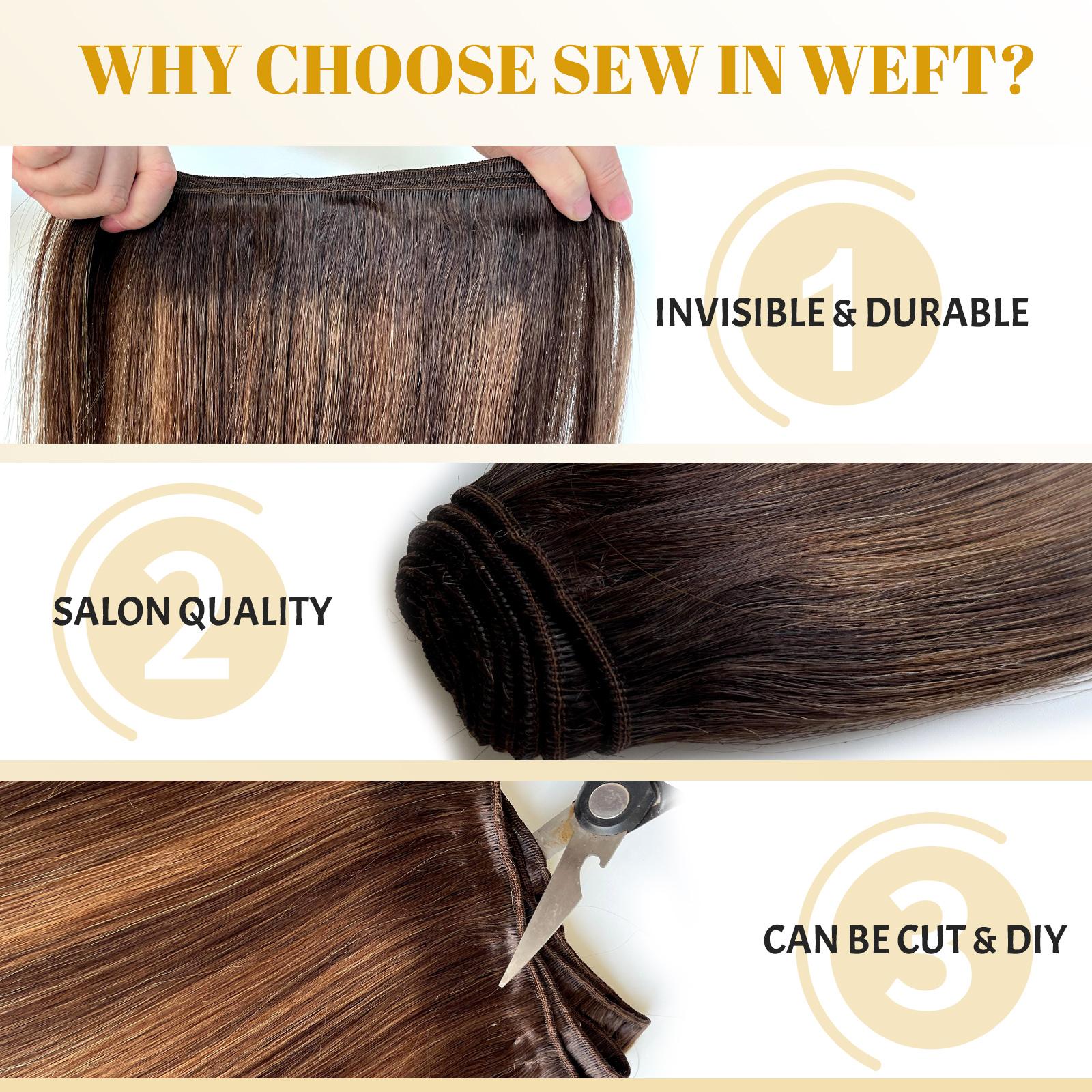 Dark Root Brown Ombre with Soft Highlights Sew In Extensions 24 Inch Real Human Hair Weft Extensions 120G Double Weft Remy Human Hair Bundles For Women Hand Tied Full Head Straight Hair Weaves