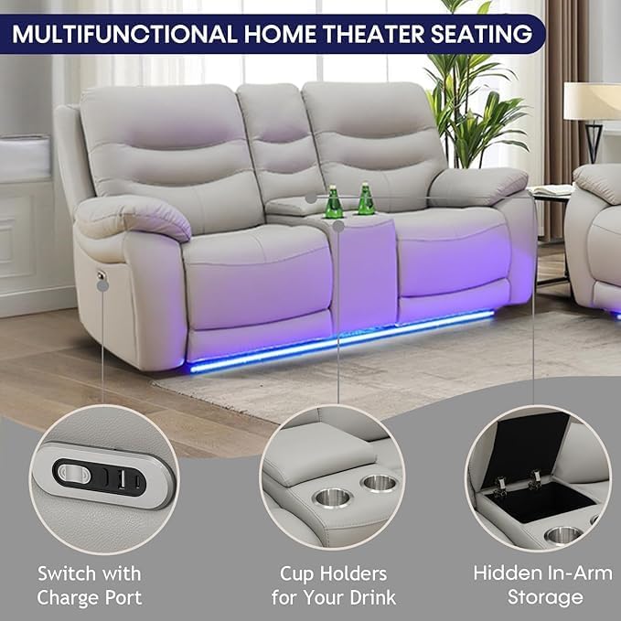 Leather Power Recliner Sofa Set with LED Lights, USB Ports, Storage Console & Cup Holders, Luxury Living Room Indoor Furniture (Sofa, Loveseat, Chair)