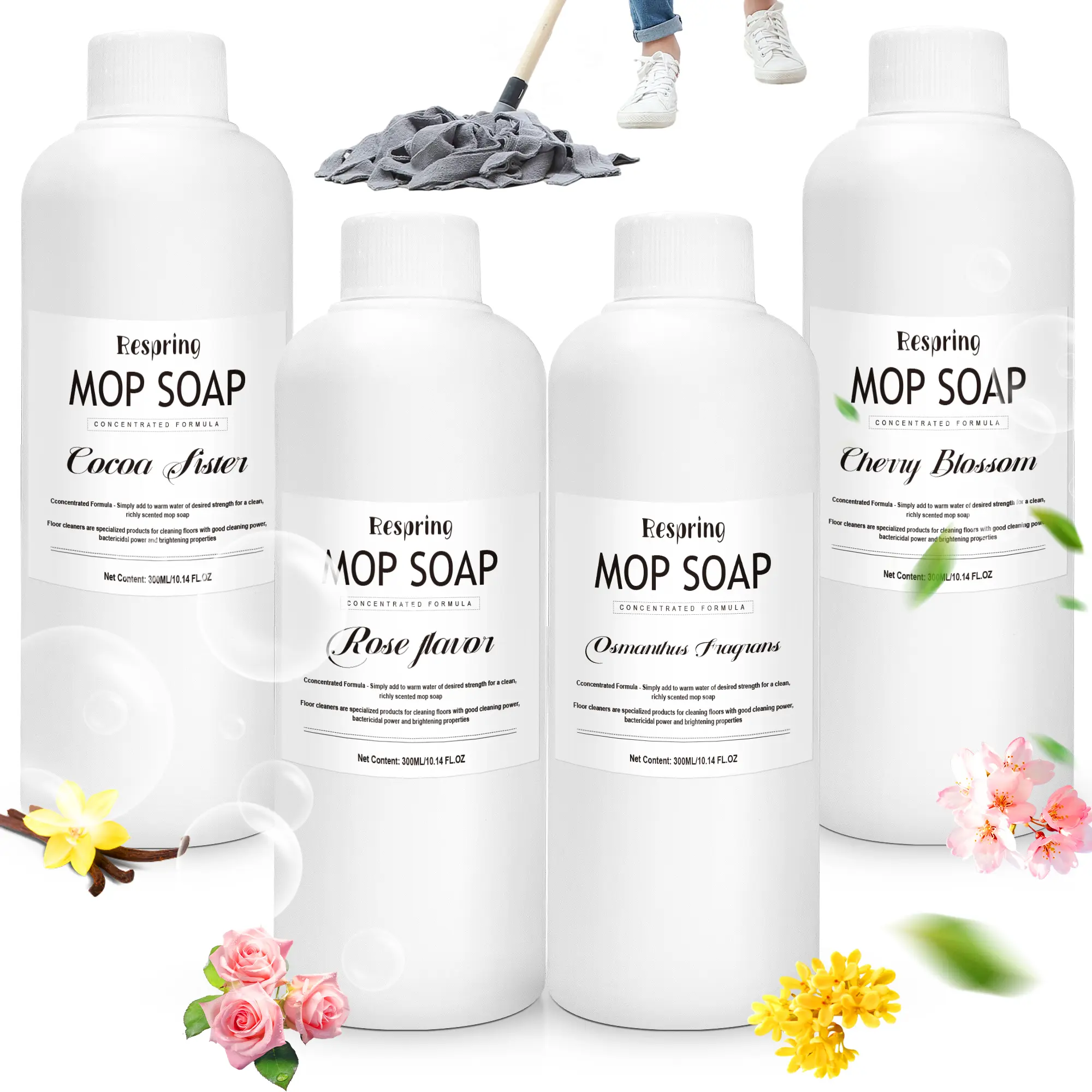 Concentrated Low-Sudsing Floor Cleaner, 300mL Light Fragrance Type with 4 Fragrance Options, Residue-Free, Compatible with Various Mops