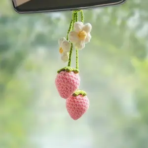 Crochet Strawberry and Flower Hanging Ornaments For Car, Cute Aesthetic Rearview Mirror Hanging Accessories For Women and Girls, Handmade Polyester Fiber Car Decor 2-Pack