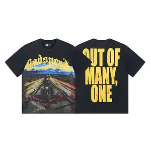 Godspeed Vintage Washed Double Weave Pure Cotton T Shirt Retro Rock Skull Geometric Print Loose Oversized Unisex Couple Tee Y2K Streetwear Casual Summer Beach Hip Hop Trendy Round Neck Short Sleeve Daily Top