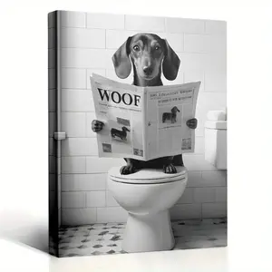 1 Piece Humorous Dachshund Reading "WOOF" Newspaper Canvas Wall Art - Wooden Frame Bathroom Theme Dog Decoration, Suitable for Dog Lovers as a Ready-to-Hang Gift, Home, Office, Cafe, Pet Enthusiast Decorative Painting, 2D Flat, Modern Home Decor