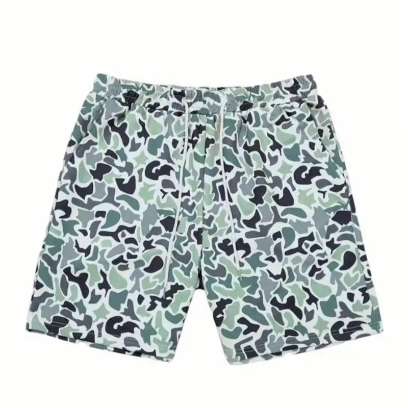 Men'S Lightweight Camouflage Beach Shorts - Loose Fit Elastic Drawstring Waist Green Graphic Print Machine Washable Casual Sports Outdoor Activities Beach Clothes