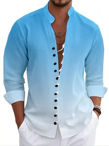 Men's Casual Fashion Blue Gradient Stand Collar Long Sleeve Shirt, Casual Button Collared, Unique Button Design, High-Quality Fabric, Mature Style