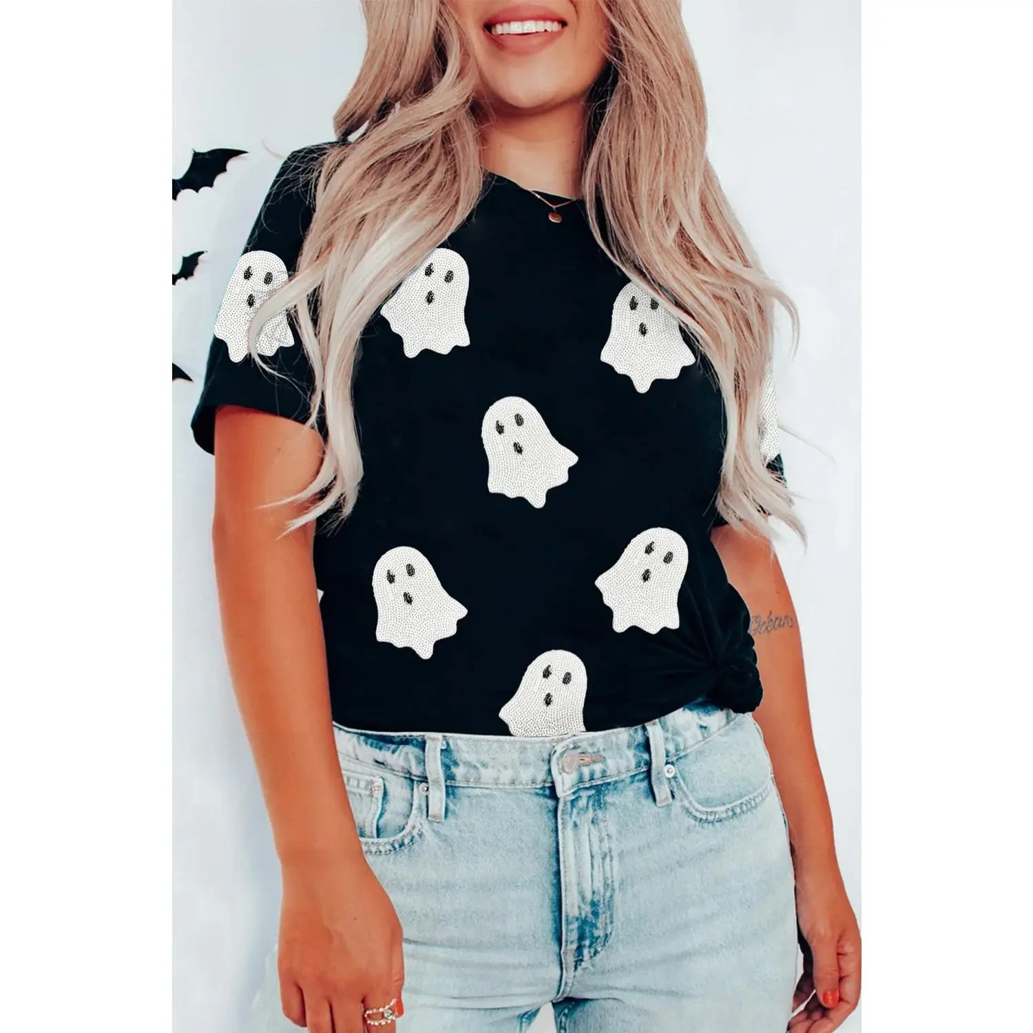 Sequin Halloween Ghost Patched Casual T-Shirt