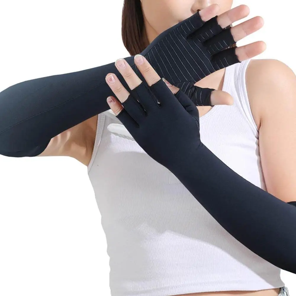 Copper Fiber Long Sleeve Half Finger Design Compression Gloves, Fingerless Compression Hand Enhanced Support Sleeves, Suitable for Men and Women, Unisex Fit, for Work, Computer Typing, Work and Typing Tasks, Copper Infusion