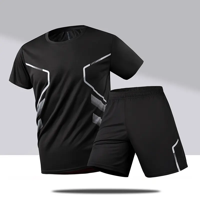 Summer 2‑Piece Men's Sports Tracksuit, Quick‑Dry Polyester Short Sleeve T‑Shirt with Geometric Pattern & Elastic Drawstring Waist Shorts, Breathable Lightweight Training Outfit for Daily, Jogging & Fitness Activities