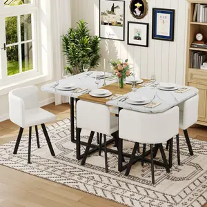 ARCH 7-Piece space saving tableware set: melamine board table+PU cushioned chair, black powder coated iron frame for kitchen/dining room