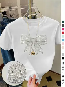 Women's Rhinestone Decor Butterfly Print Round Neck Tee, Fashion Casual Crew Neck Short Sleeve T-shirt for Daily Holiday Vacation Outdoor Wear, Ladies Clothes for Summer, Top, Tshirt