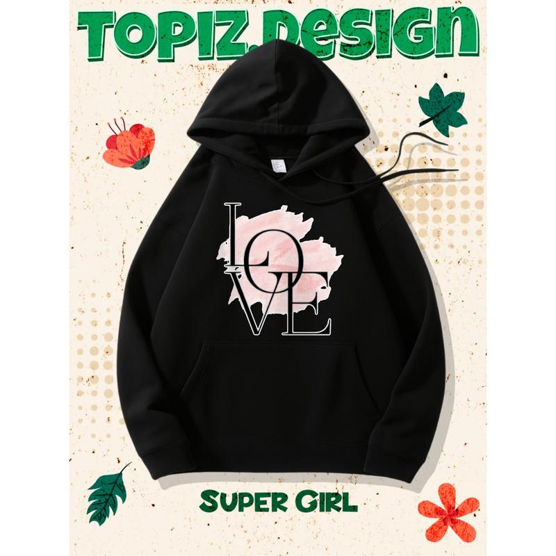 Women's Love Lettering & Pink Rose Design Graphic Hoodie - Cotton Blend Long Sleeve Pullover Regular Fit | Soft & Breathable Fabric, Durable Print, Everyday Comfort, Machine Washable, casual fashion autumn winter wear
