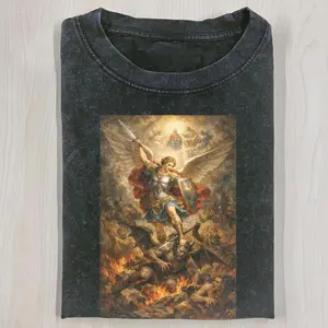 Saint Michael Defeating Satan T-Shirt, Archangel Christian Faith Graphic, Vintage Acid Wash Religious Art Tee, Gothic Savior Apparel, Unisex Cotton Crewneck T-Shirt Menswear Womenswear Streetwear Top