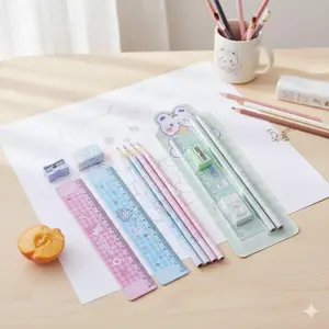 Back to School Essentials: Pencil Eraser Sharpener Ruler Set with Anti-Slip Grip, Portable Case for Classroom & Homework, Multi-Color Safe Non-Toxic Study Tools Kit, Cute Ins Style Supplies