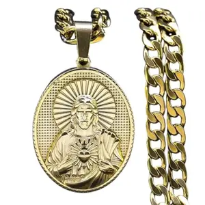 ‌Catholic Sacred Heart Necklace Stainless Steel Gold Plated Medal Pendant for Women Men Religious Jewelry Gift Faith Inspired Accessory Cuban Link Chain Cuban Link Design
