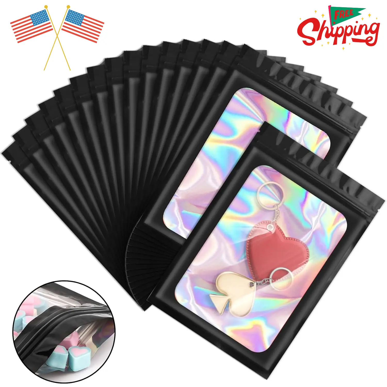 100 Pieces Smell Proof Mylar Bags, Holographic Packaging Bag