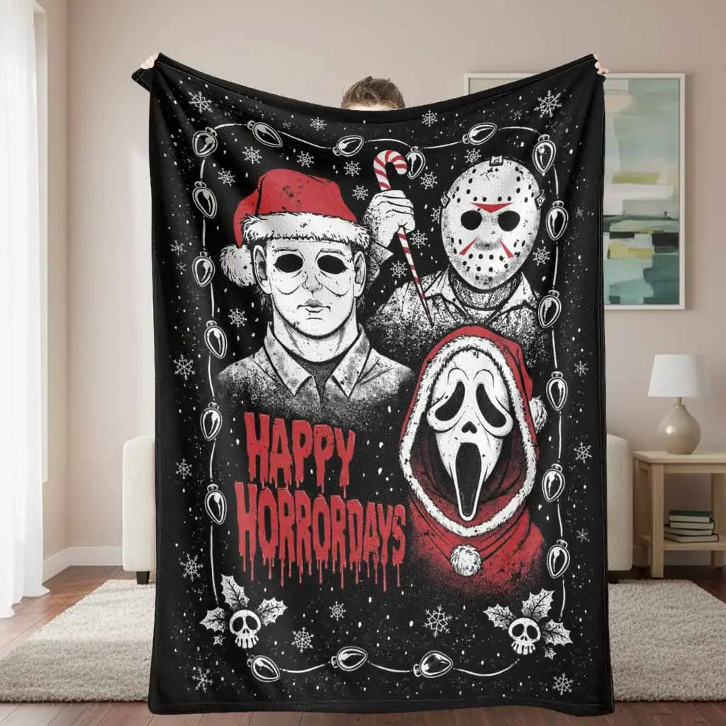 Dark Holiday Masked Villains Flannel Blanket Festive Snowflake Skull Light Print Soft Warm Cozy Lightweight Throw for Sofa Bed Dorm Movie Night Party Gift