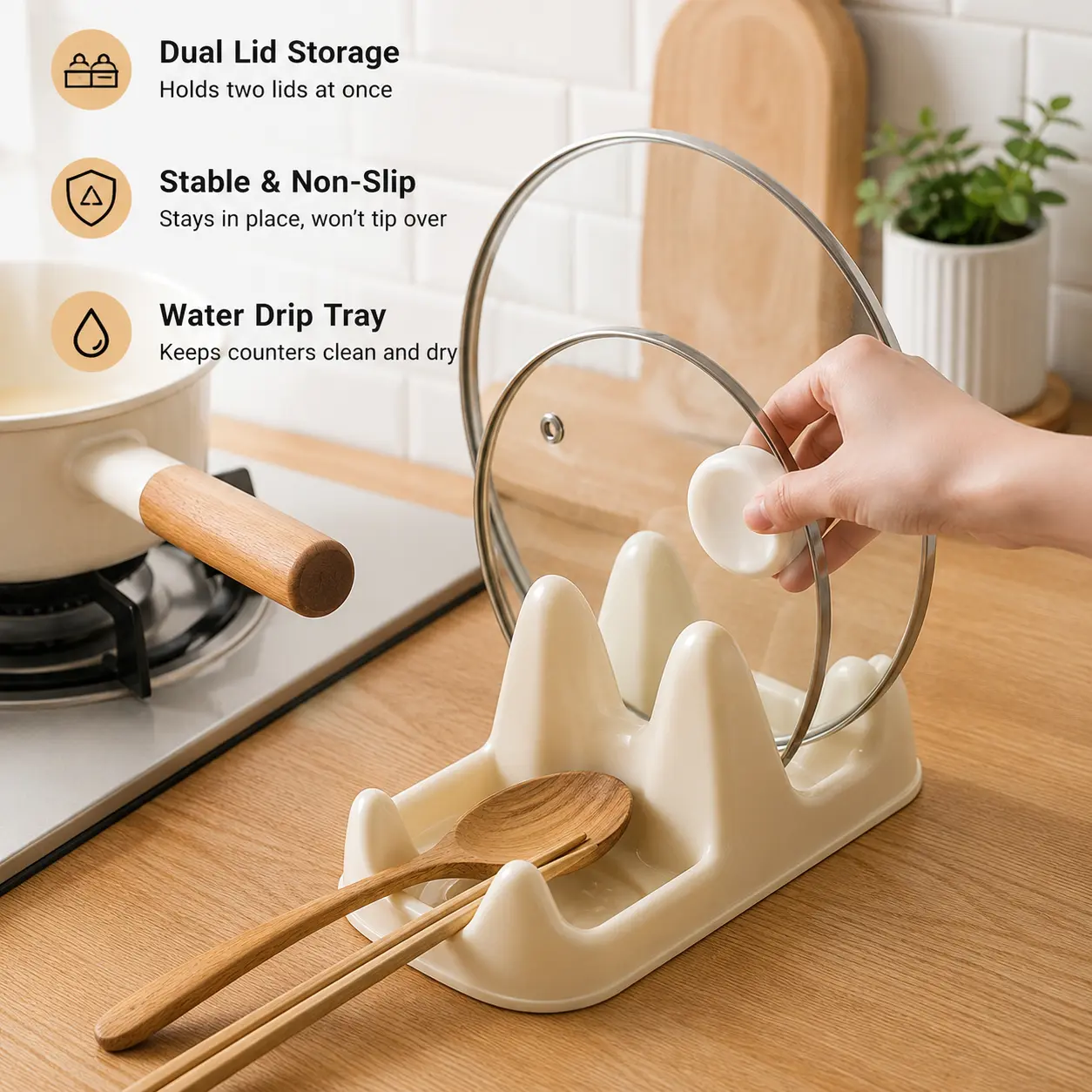 1 Count, Multi-function Kitchen Countertop Pot Lid Holder with Drip Tray, U-shaped Slots for Storing Pot Lids, Spoons and Kitchen Utensils
