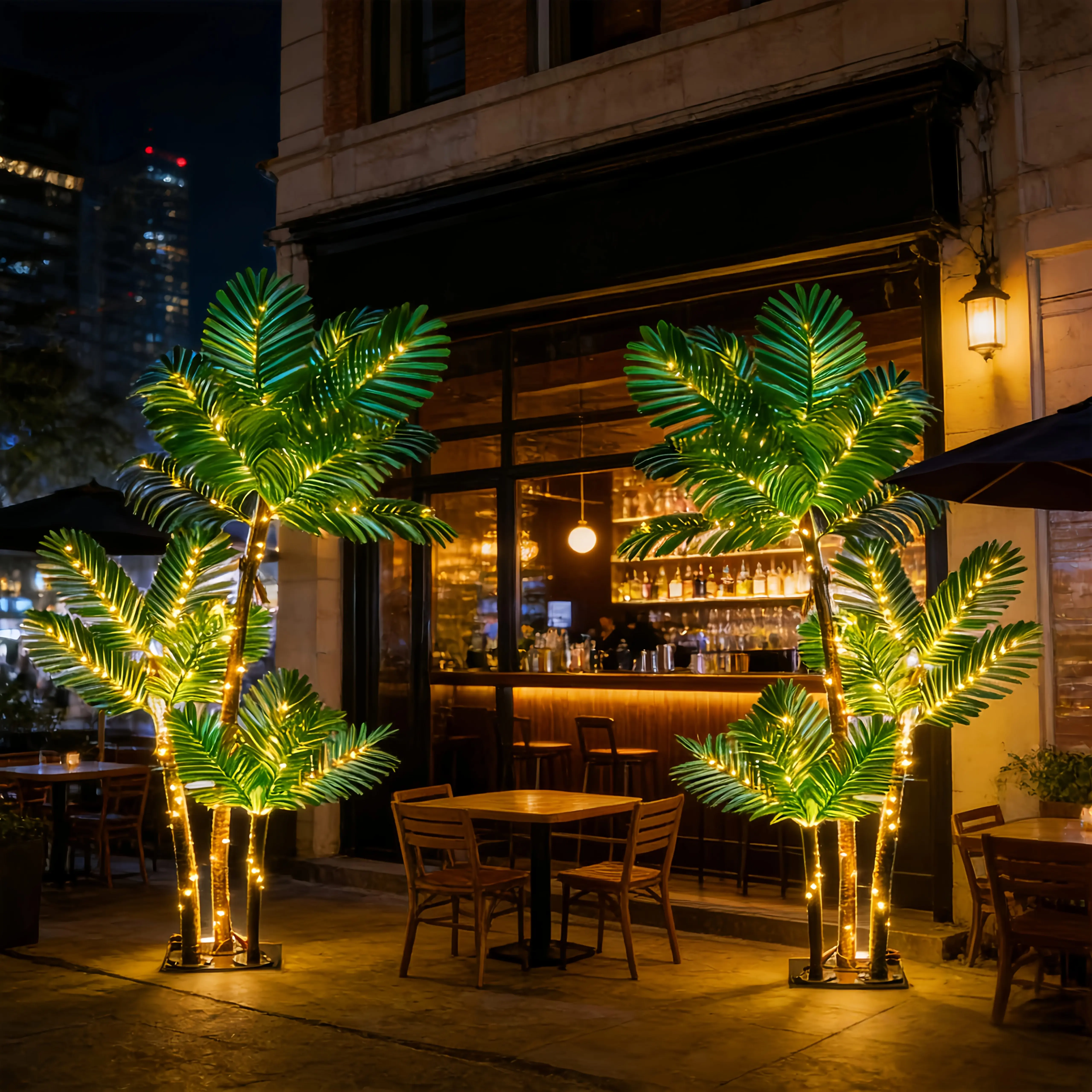 Upgraded 3-Trunk Lighted Artificial Palm Tree (5ft/6ft), 255/330 LED Decorative Lights, USB & Plug-in Powered Faux Palm Tree with Remote Control, Realistic Trunk & Hanging Green Leaves, Tropical Decor for Tiki Bar, Patio, Home Festival