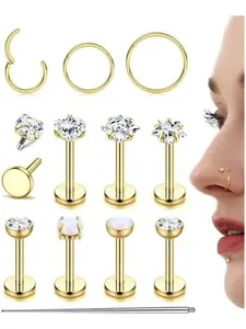 Classic 11 Pcs Golden Cute Nose Rings Studs Hypoallergenic Surgical Steel Nose Rings Hoops for Women Men Shining Opal CZ Internal Thread Flat Back Studs Lip Nostril Piercing Jewelry Set Non Tarnish Jewelry