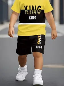 Boys Summer Trendy Short Sleeve Set, Youth Fashion King Letter Print, Comfortable Casual Fitted, Geometric Pattern, Youth Kits, Summer Clothing Set