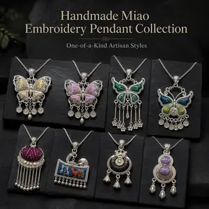 Women's Handmade Miao Embroidery Pendant Necklace, Boho Tassel Chain, Ethnic Costume Jewelry Gift
