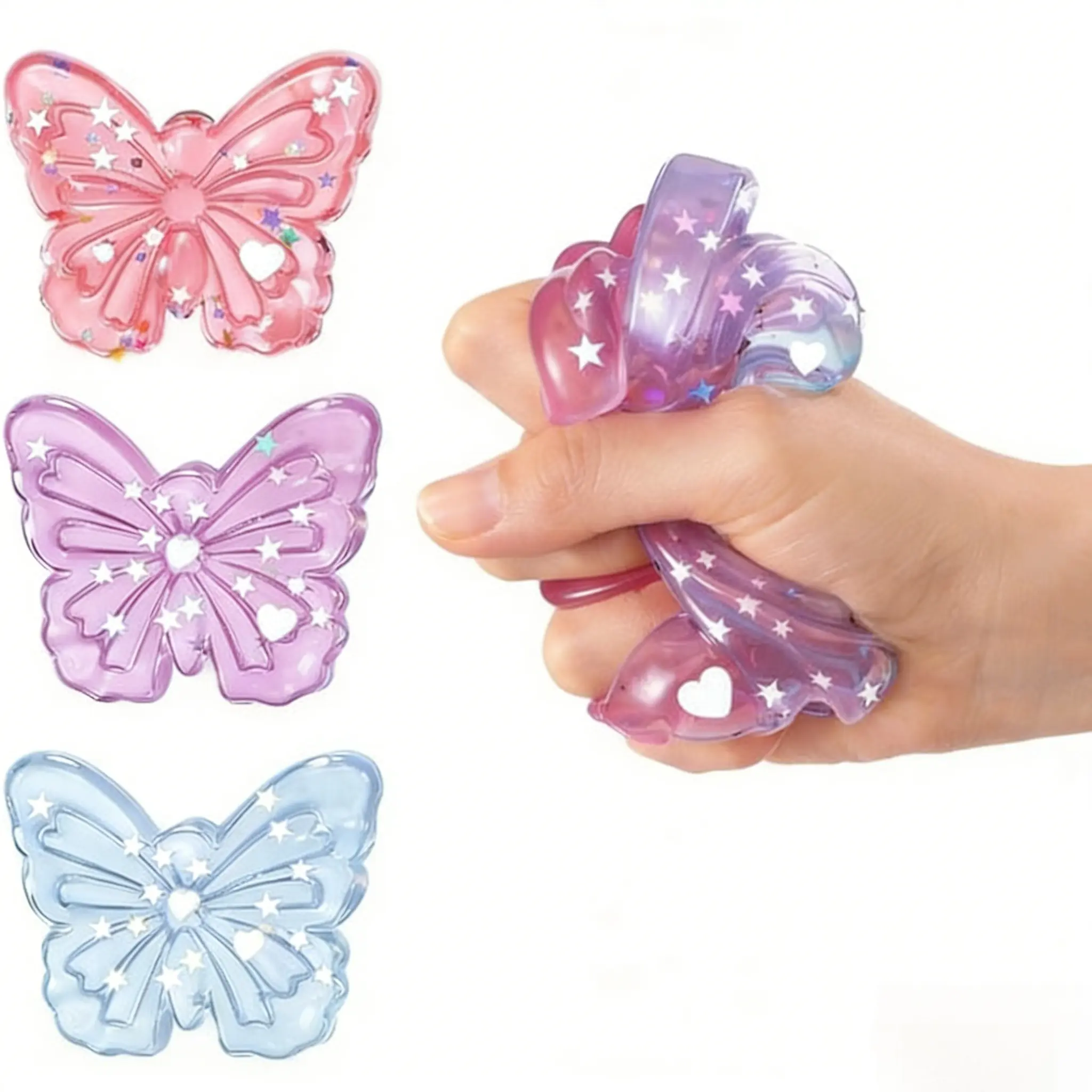 3 Pack Butterfly Squeeze Stress Relief Ball, Handmade Glitter Butterfly Fidget Toy, Anxiety Fidgets, Soft Stretchy Sensory Squish Ball, Squishy Stress Balls for Adults ADHD Autism Anxiety Relief, Birthday Party Favors Easter Basket Stuffers