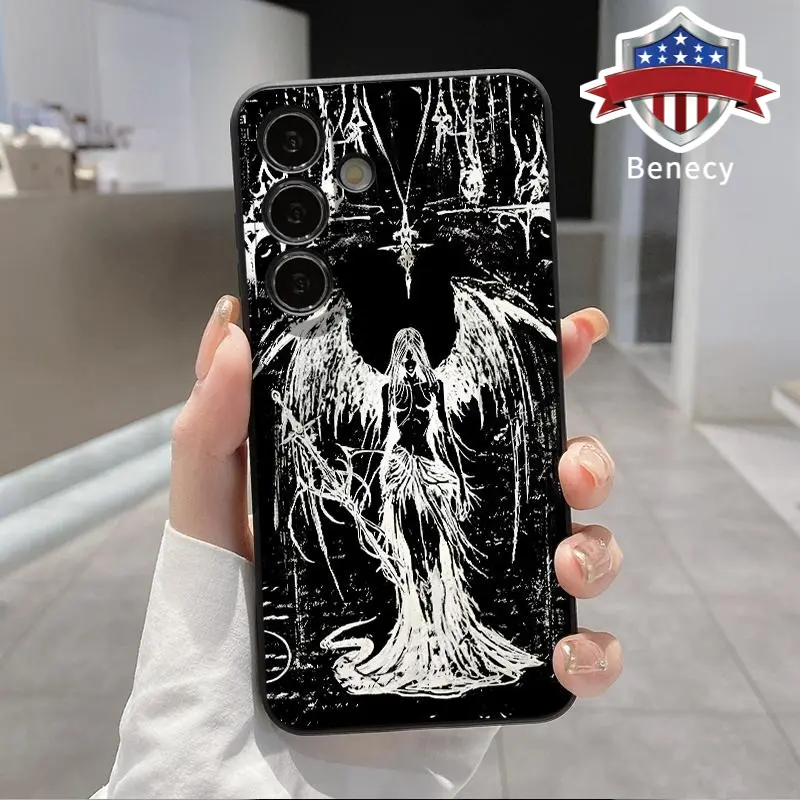 Vintage Angel Pattern Straight Edge Liquid Silicone Phone Case for Galaxy S22+ S23 Ultra S24 Plus S25, Shockproof, Non-Slip, Durable Slim Cover with Full Camera Protection, Mobile Phone Accessories