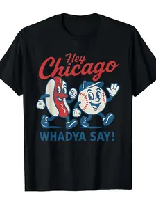 Chicago Baseball Design T-Shirt Tee with Hot Dog Graphic, Casual Fitted Short Sleeve Top, All over Print Sihouette H Style, Streetwear