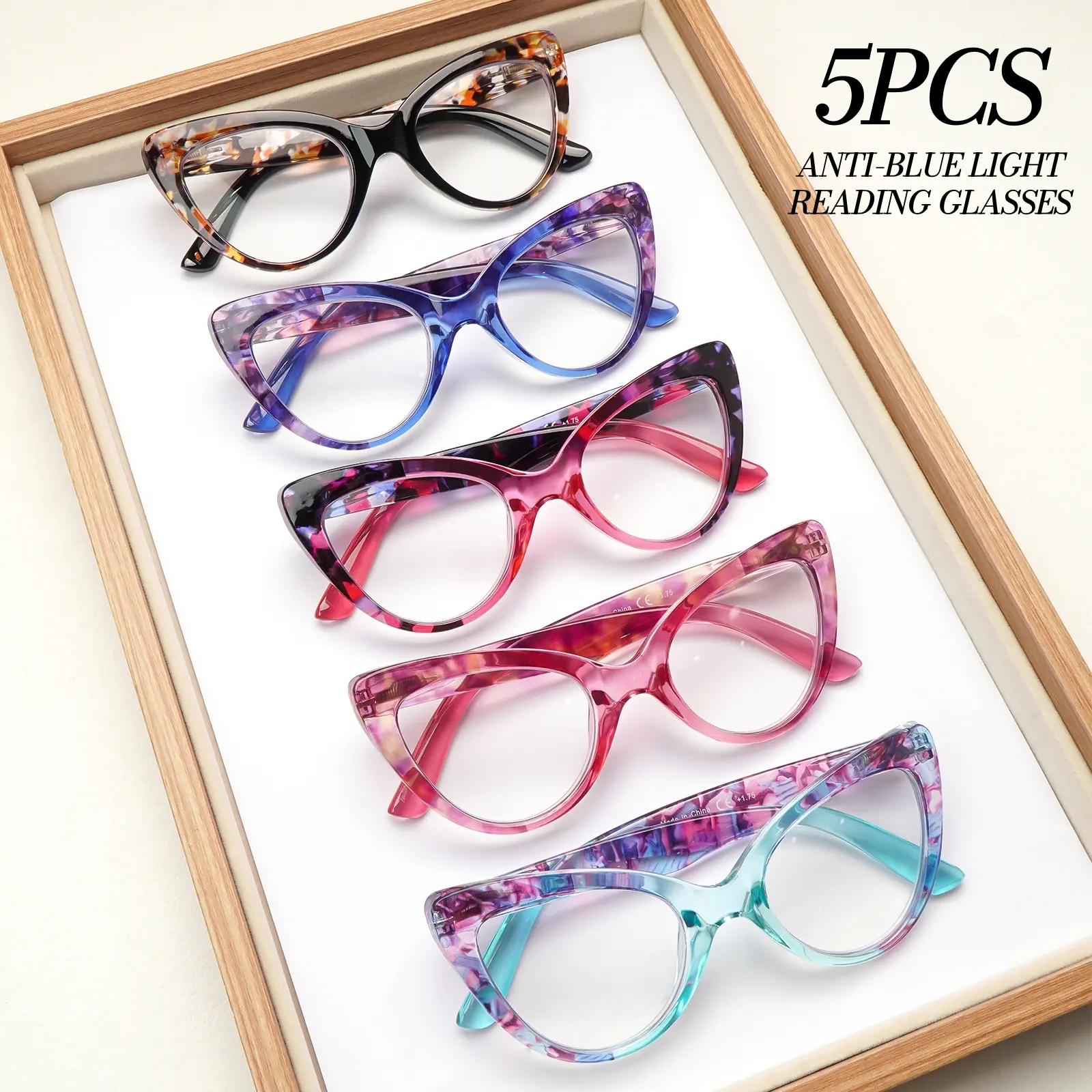 5 Pack Cat Eye Blue Light Blocking Reading Glasses for Women, Colorful Readers, Floral Pattern Fashion Eyewear with Spring Hinges, Computer Daily Wear