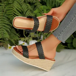 Women's Braided Double Strap Wedge Slide Sandals Summer Beach Shoes