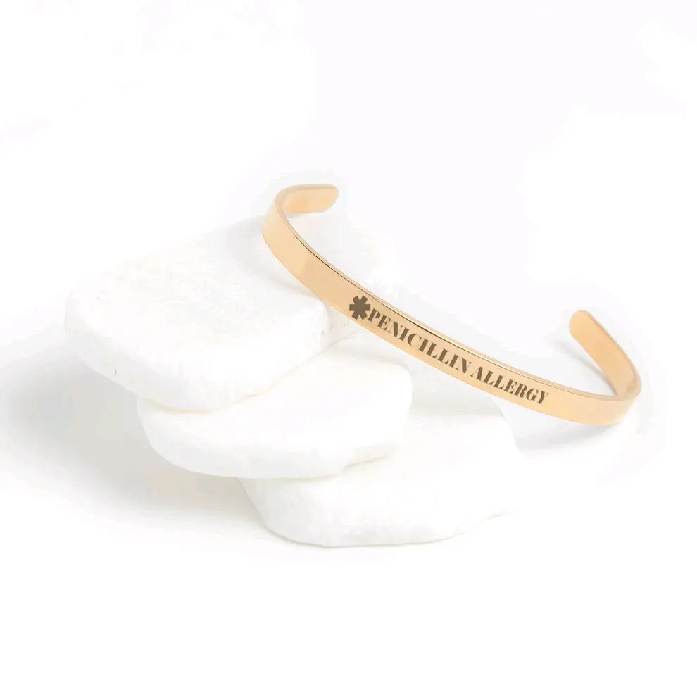 Medical Alert Cuff Bracelet, PENICILLIN ALLERGY, Medical ID Bracelet, Gold, Silver, Rose Gold, Medic alert jewelry, gift