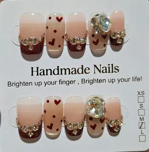Handmade Press-On Nails Soft Pink to Burgundy Gradient with Red Heart Patterns Gold Rhinestone Chains & Large Crystal Gems