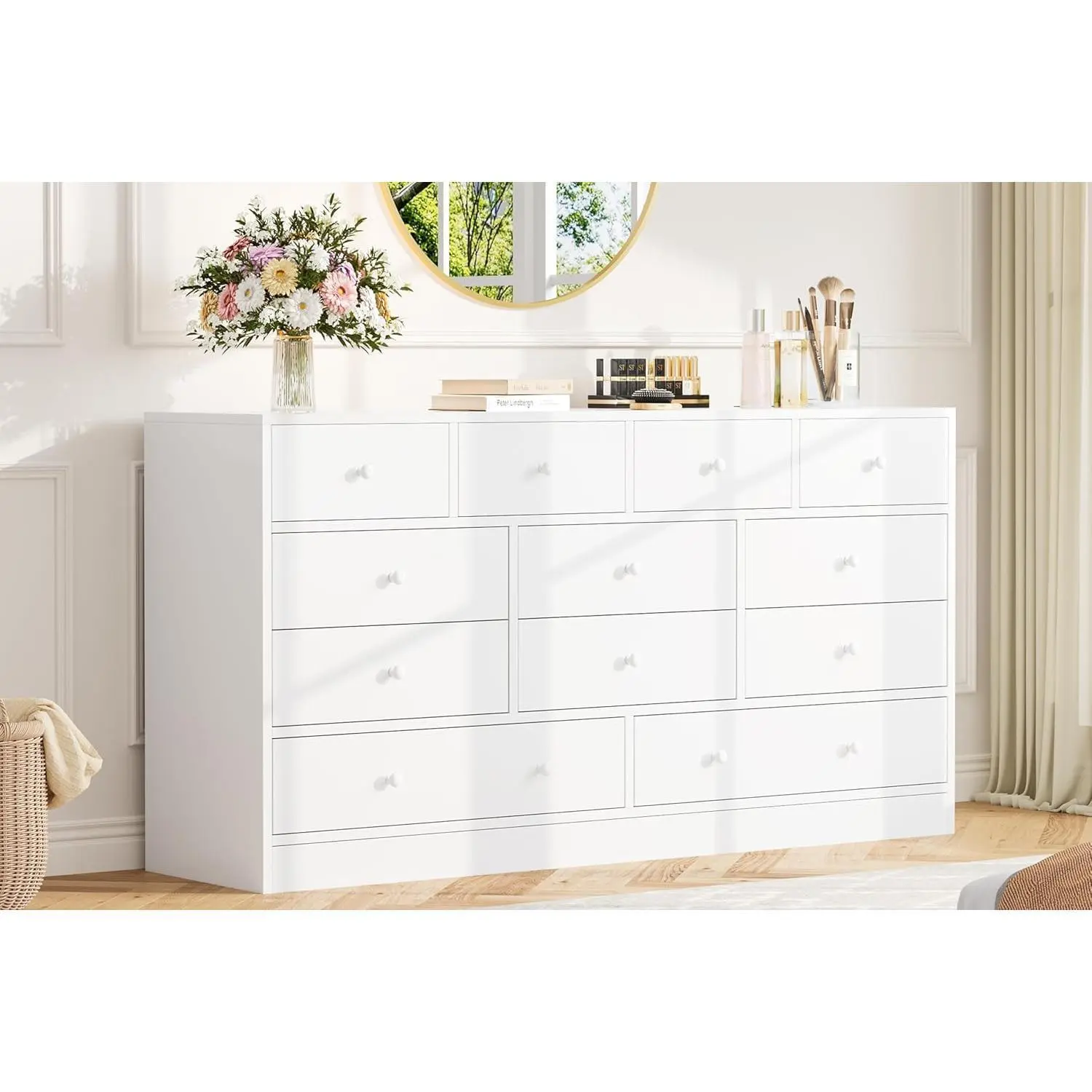 White Dresser for Bedroom 12 Drawer Dressers Chests of Drawers Wood Storage Drawer Dresser with Power Outlet 61 Inch
