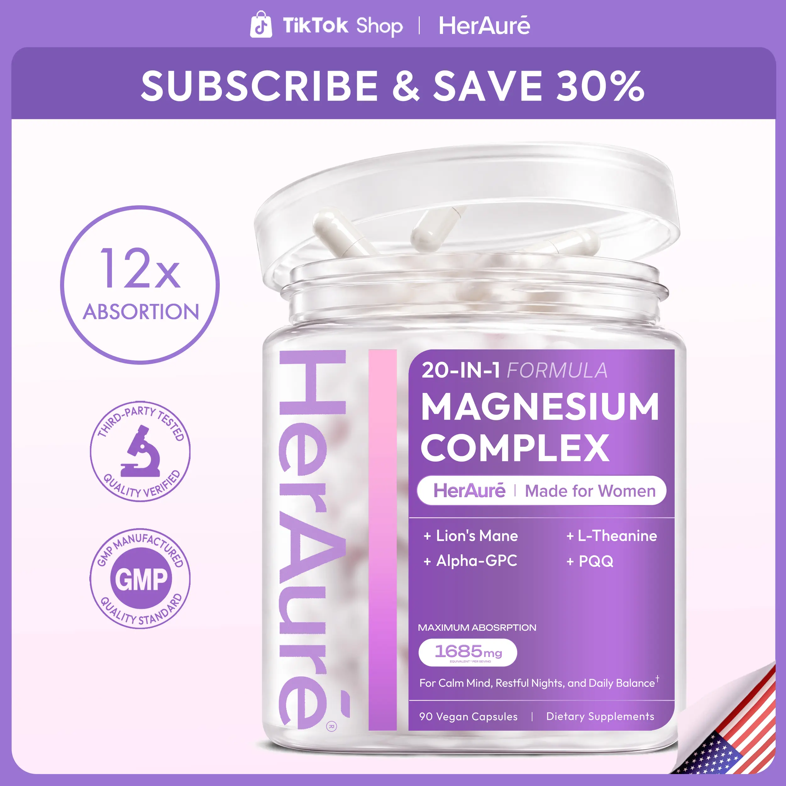 HerAure 20-in-1 Magnesium Complex 1685mg - BrainFog Relief, Reduce Overthinking & Calm Mind, StressRelief & Sleep Comfort, Digestion, Muscle & EnergySupport, 12 Forms of Magnesium, B6, Zinc & SlipperyElm, beach essentials, Deals For You Days，G summeressen