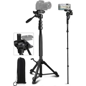 Camera Tripod 69 Inch,  3-Way Swivel Portable Phone Tripod Professional  Alloy Travel Phone Camera Stand Monopod for    DSLR, DV Video Camcorder, Smartphone Black