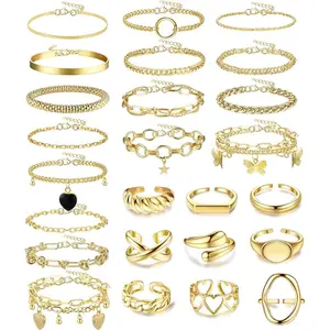 Jstyle 25 Pcs Bracelet And Rings Set For Women Stack Stackable Chain Silver Golden Plated Filled Bracelet Pack Chunky Adjustable Statement Large Ring Layered Dainty Simple Bracelets And Rings Jewelry Daily