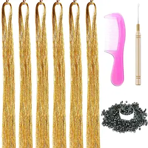 6 Packs 43 Inch Hair Tinsel Extensions with Tools Kit 1200 Strands Tinsel Hair Extensions for Women Girls Heat Resistant Sparkling Shiny Glitter Hair Pieces for Christmas Cosplay Party