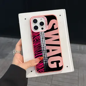 Y2K Pink Zebra SWAG Phone Case with Studded Rivets for iPhone 17/16/15/14/13 Pro Max, Shockproof Protective Bumper Cover, Edgy Grunge Aesthetic Fashion Case for Girls Women, Trendy Streetwear Style Hard Shell